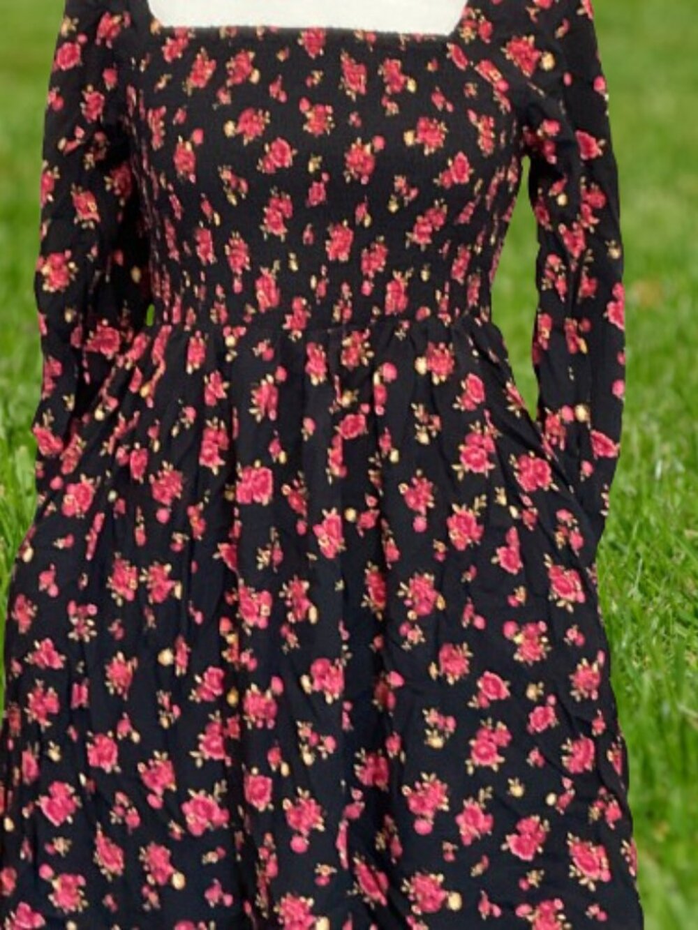 NWT  Old Navy Dress M Black Smocked Bodice Calico Floral Off Shoulder Whimsygoth